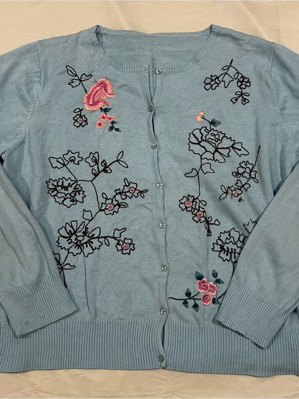 Nine & Company Light Blue Floral Embroidered Cardigan Sweater M